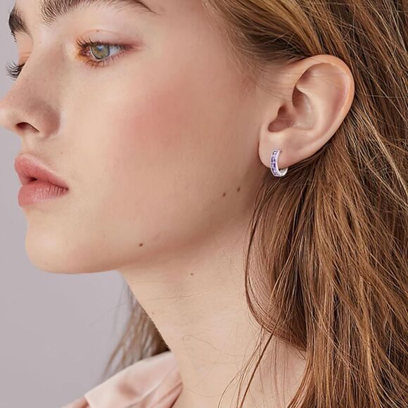 14K White Gold with Purple Amethyst Cubic Zirconia Princess Cut Huggie Earrings - Picture 4 of 5